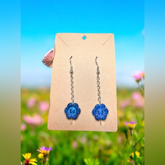 Jewelry - Blue Czech Glass Flower Dangle Earrings – Silver Plated Chain – Hypoallergenic